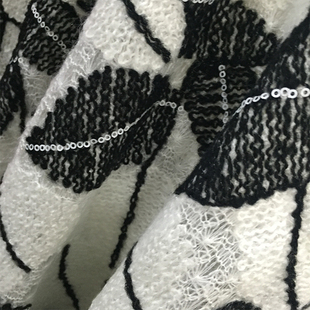 法产马海毛刺绣亮片镂空秋冬布料弹力黑白花色针织毛衣服装面料