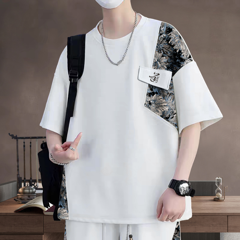 夏季短袖t恤男套装潮牌中国风复古上衣胖子大码男装潮流宽松百搭