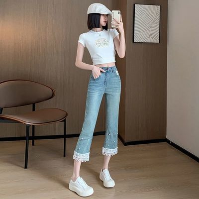 爆款花边微喇牛仔裤女八分九分裤