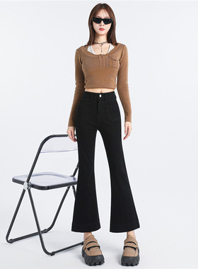 春季女装裤子黑色微喇九分2026年修身新品小个子155cm弹力牛仔裤