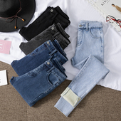 加绒显瘦小个子深色九分裤 秋冬浅蓝色薄绒八分牛仔小脚裤 女紧身裤