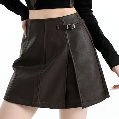 辣妹PU皮短裙女高级感假两件裤裙