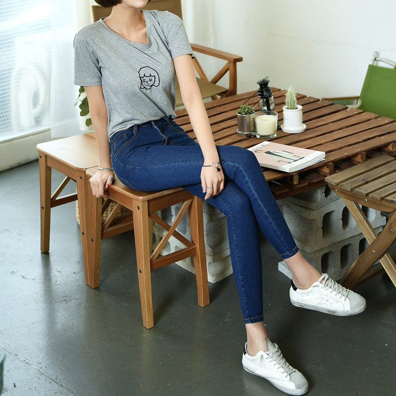 深蓝色弹力牛仔裤女式八分2026夏季紧身新品小个子九分小脚长裤子