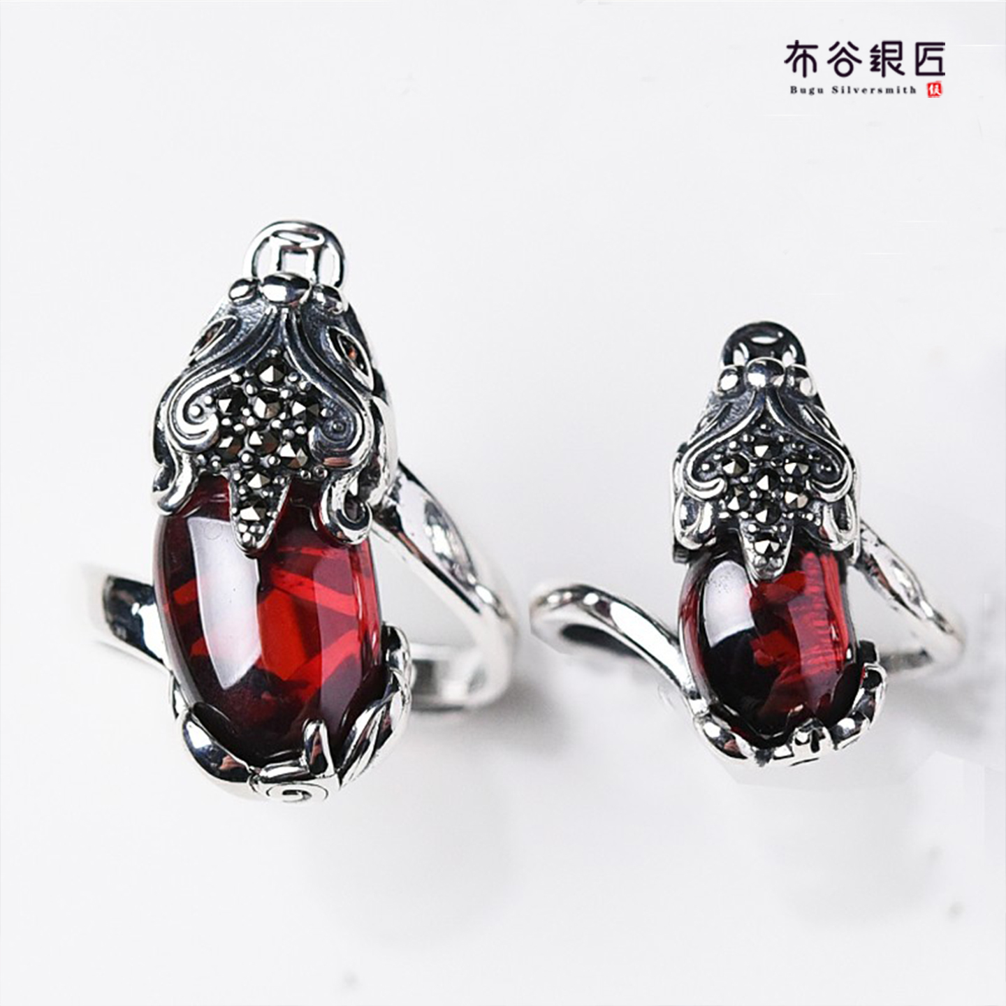 纯银石榴石招财貔貅开口戒指女款