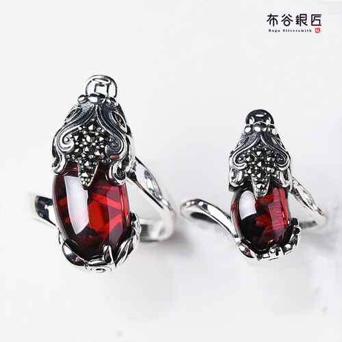 纯银石榴石招财貔貅开口戒指女款