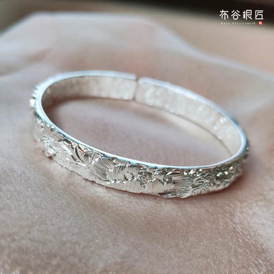 9999足银富贵牡丹花宽面实心手镯