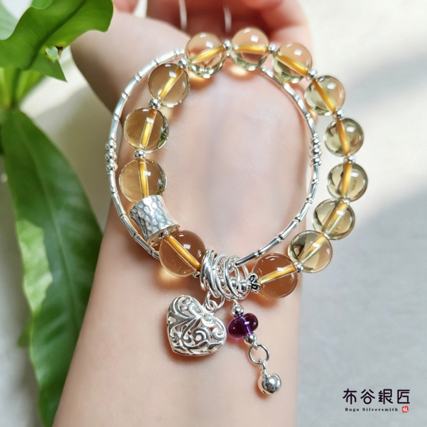 天然黄水晶S925纯银新中式手链女