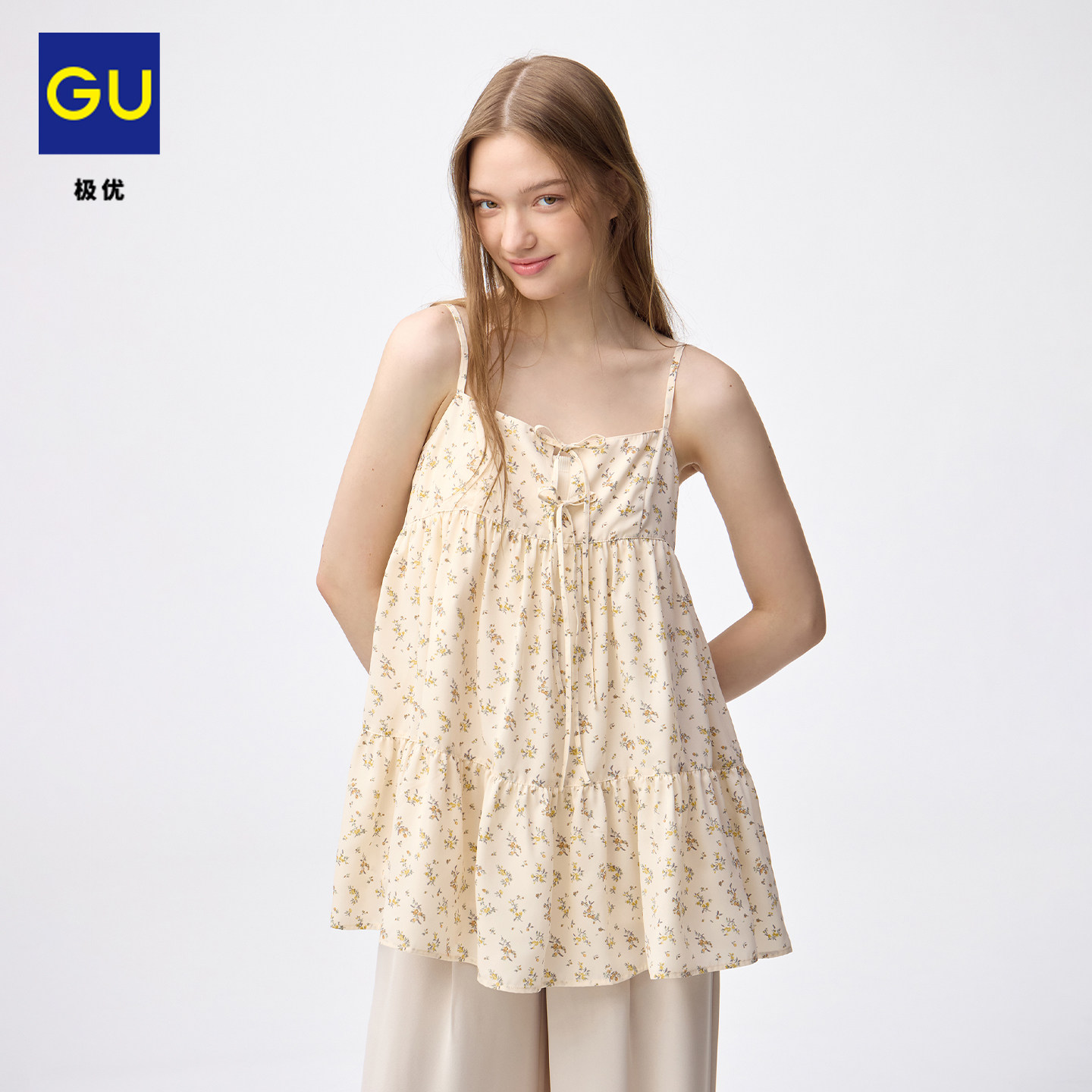 GU极优女花朵图案长版裙摆吊带上衣荷叶边叠穿日系26夏新 B360278图片