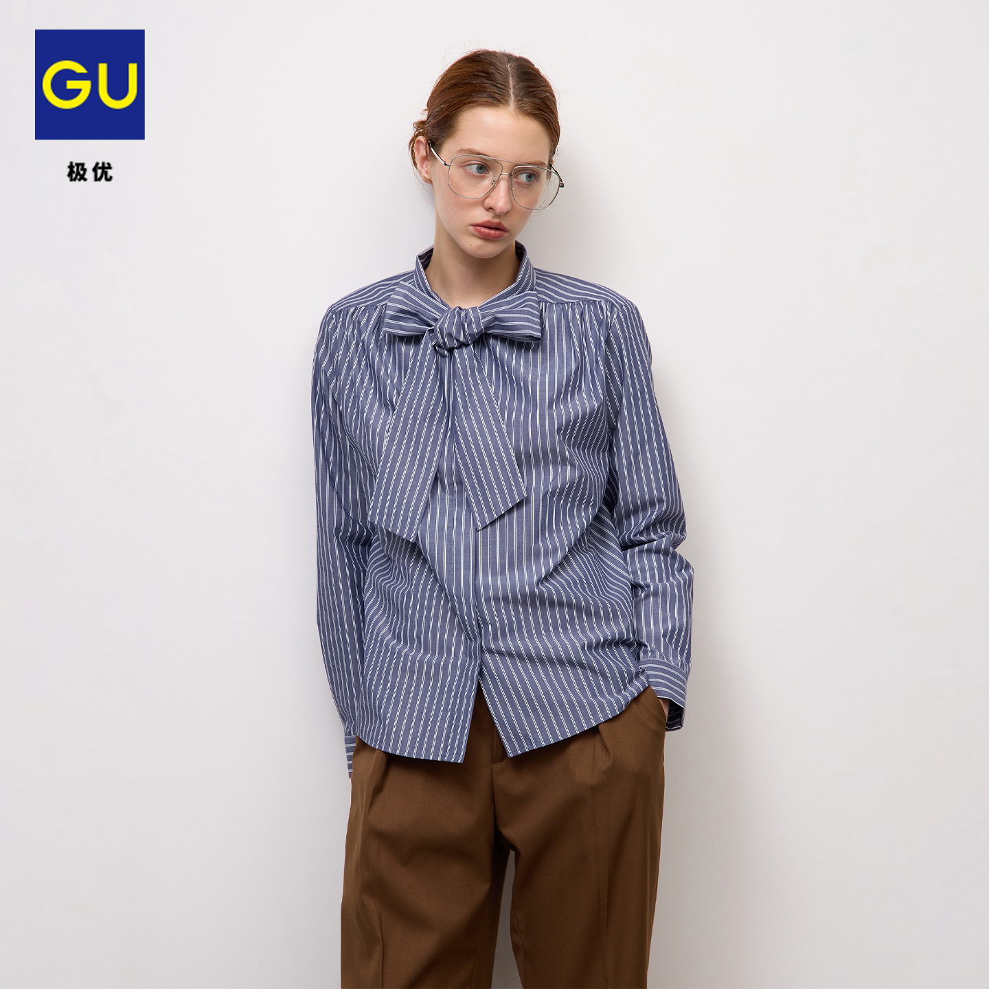 GU极优女装条纹系带衬衫										