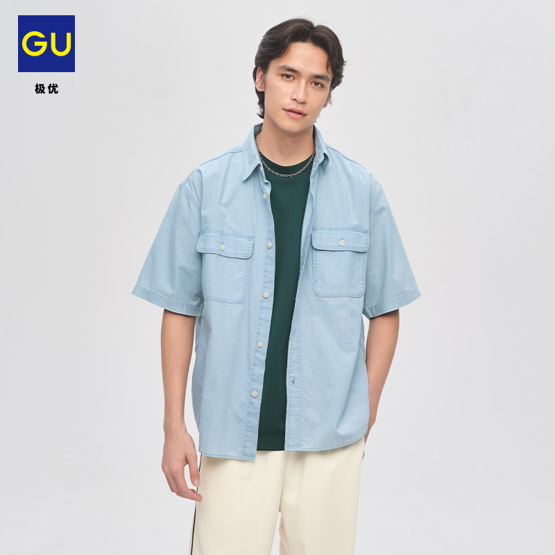 GU极优 男装牛仔宽松衬衫5分袖百搭短袖 2026年夏季新品 B359759图片