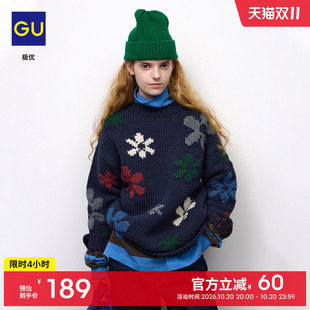GU极优 女装花朵图案宽松针织衫2026秋冬毛衣慵懒宽松复古 360835