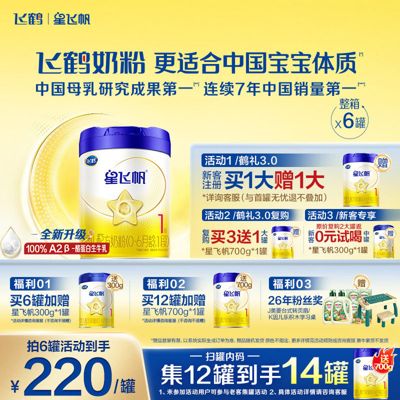 咨询优惠】飞鹤奶粉星飞帆1段婴儿牛奶粉一段700g6罐官方正品旗舰