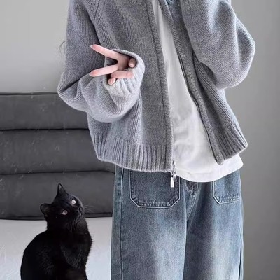 加厚拉链开衫长袖针织上衣