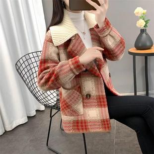 小香风格子短款毛呢外套女韩版冬季新款牛角扣可拆翻领针织厚开衫