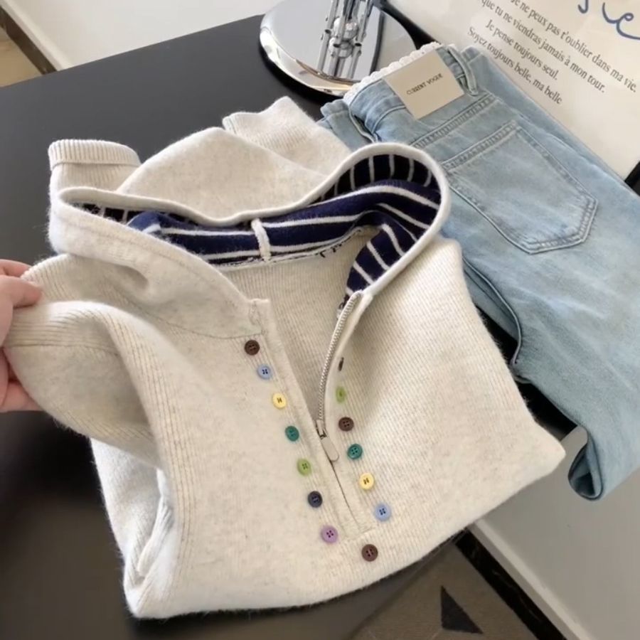 韩系慵懒风彩色纽扣半拉链连帽毛衣女秋冬新款设计感百搭针织上衣