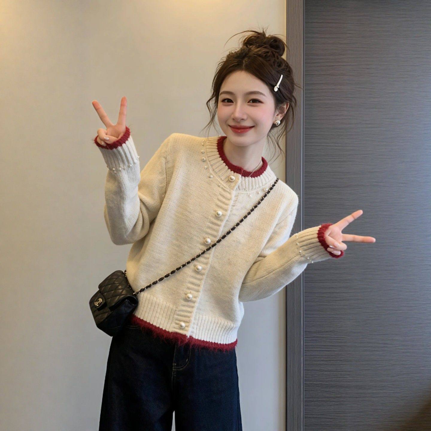 钉珠红色毛衣外套女冬季圆领针织开衫巨好看的冬装内搭可外穿上衣