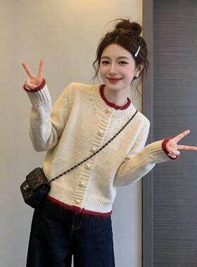 钉珠红色毛衣外套女冬季圆领针织开衫巨好看的冬装内搭可外穿上衣