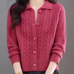 翻领毛衣外套女春秋季2025新款小个子开衫高腰短款针织衫外搭上衣