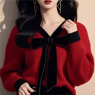 秋冬红色法式超好看丝绒蝴蝶结绑带高级感宽松套头针织毛衣女春冬