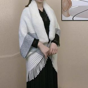 斗篷披肩大毛领保暖流苏旗袍外搭针织开衫 秋冬新款 高端外套拼色厚