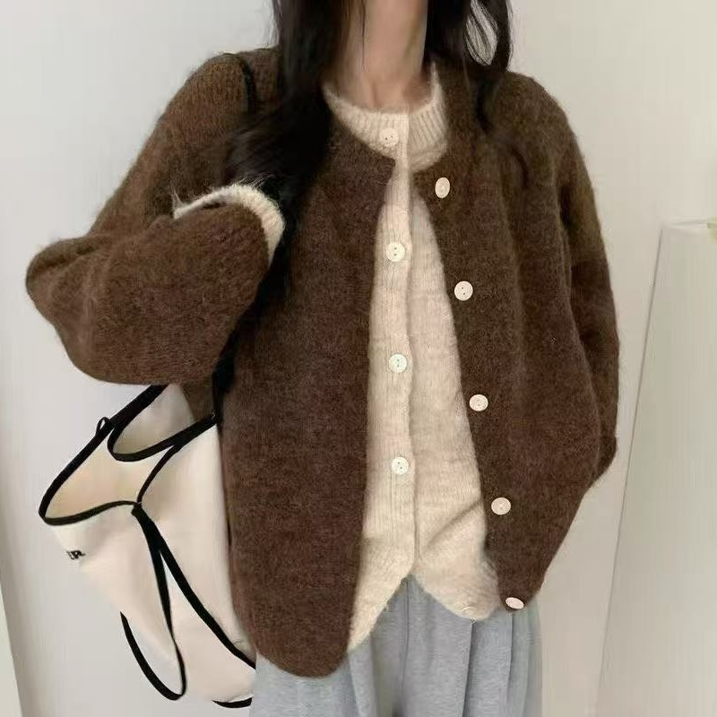 假两件复古慵懒风长袖毛衣外套女秋冬韩系设计感宽松针织开衫上衣