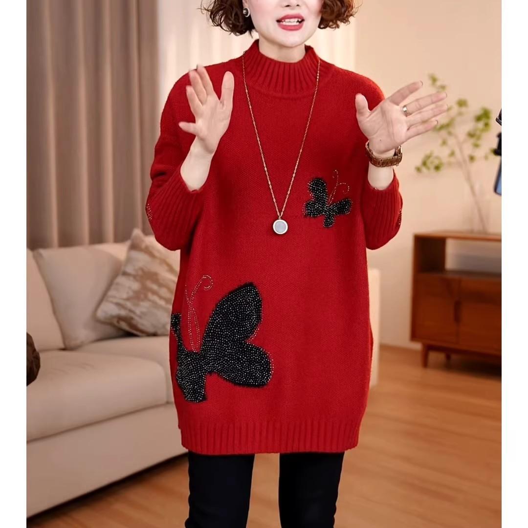 秋冬新款加厚毛衣女宽松大码中长款针织2025打底衫遮肚子红色上衣