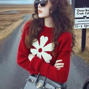 红色花朵加厚打底毛衣女款2026新款秋冬季爆款可外穿内搭针织上衣