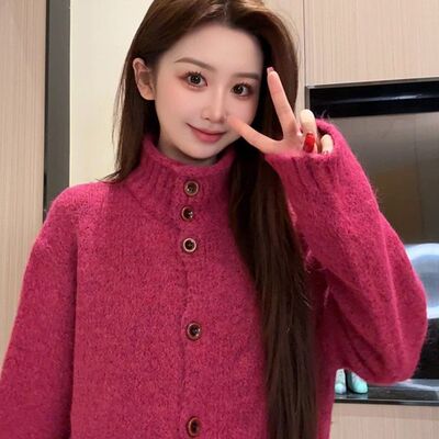 韩系多巴胺立领加厚毛衣开衫外套女冬季加厚慵懒风温柔针织衫上衣