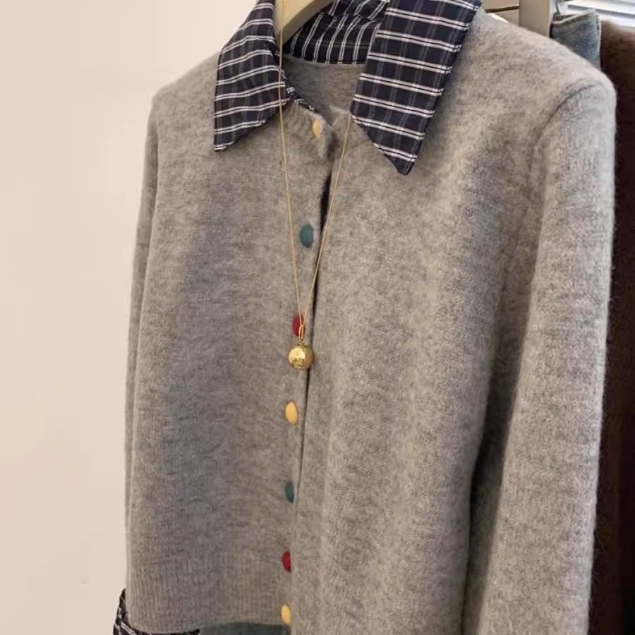 灰色假两件衬衫拼接针织开衫毛衣外套女小个子短款上衣设计感小众