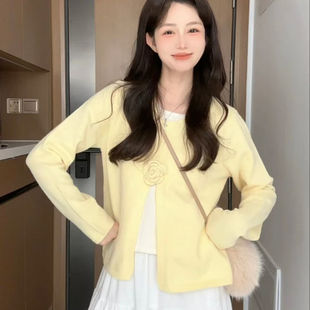 法式 甜美减龄假两件外套上衣 温柔风超好看立体花朵针织开衫 春新款