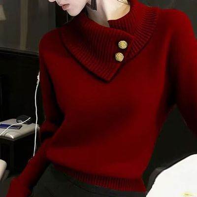 法式高级感高领红色毛衣女秋冬季新款加厚保暖内搭针织衫小众上衣
