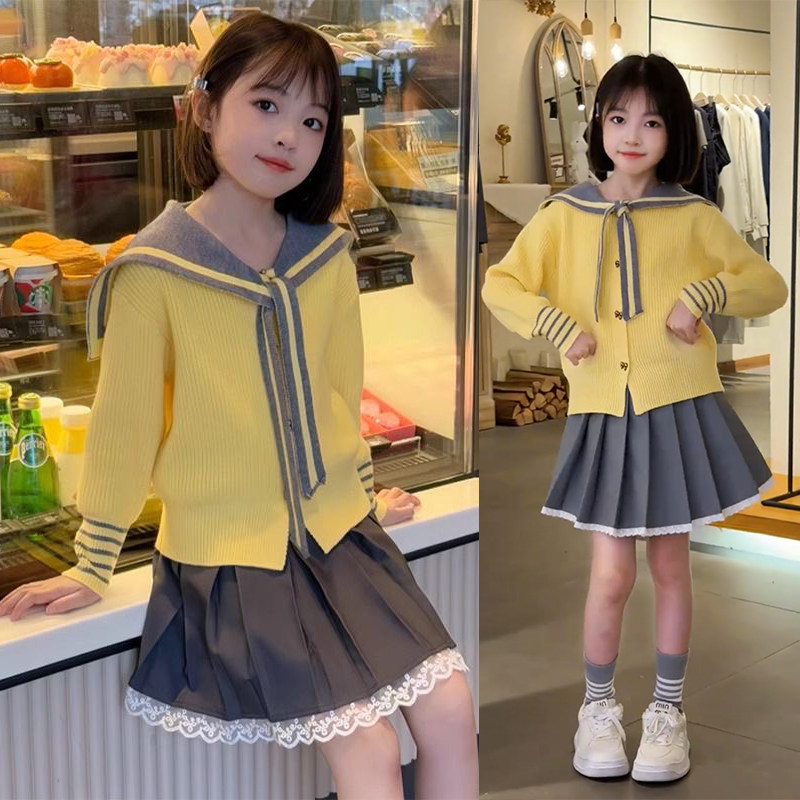 中大童学院风毛衣裙子两件套潮款