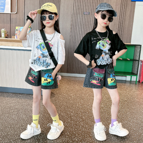 女童夏装套装洋气潮短袖牛仔短裤