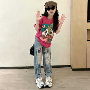 女童夏季套装潮新款时髦中大儿童卡通短袖女孩夏天牛仔长裤两件套