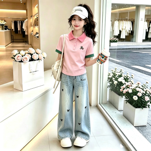 女童夏装套装2026新款洋气时髦儿童polo领短袖中大童牛仔裤两件套