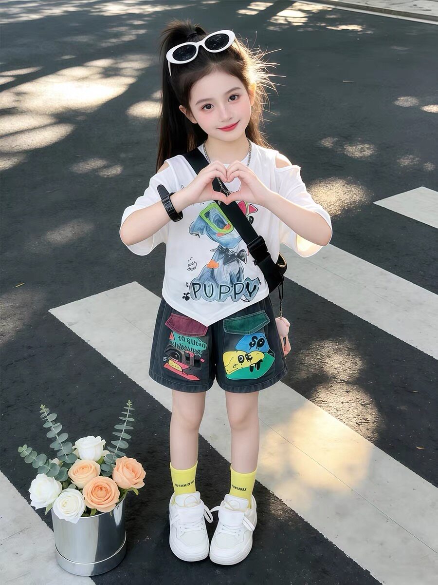 女童夏装套装2026新款洋气时髦儿童短袖t恤中大童印花短裤两件套