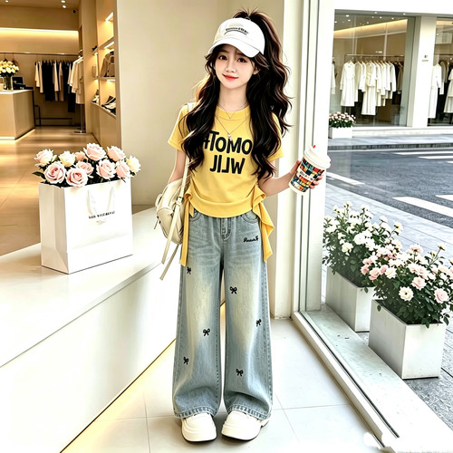 女童夏季洋气T恤牛仔两件套