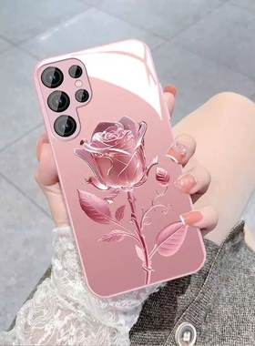 Samsung三星手机壳女适用s23FE粉玫瑰花朵s24plus玻璃s22ULTRA苹果25u高级感A54全包14+55加A53带挂绳A52case