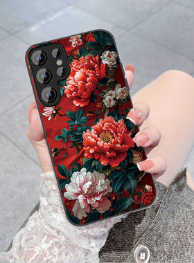 Samsungs加S23+三星手机壳S24ultra女适用s22u花朵a55牡丹花A54玻璃A52全包15plus镜头A53带挂绳case14苹果16