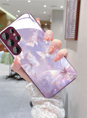 Samsung三星手机壳女适用s23FE蝴蝶玫瑰s24plus玻璃s22ULTRA可爱A55高级感A54全包a14苹果A53外25+加17case56
