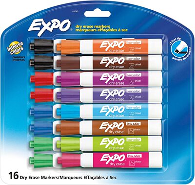 Expo Low-Odor Dry Erase Markers, Chisel Tip, 16-Pack, Assor