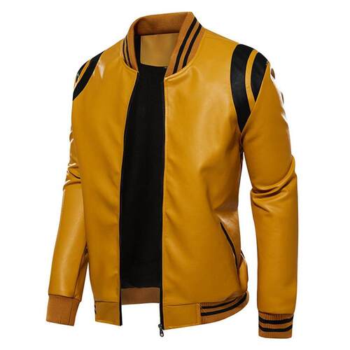 Fleece color-block PU leather jacket春秋季加绒款拼色PU皮夹克