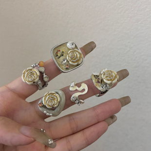 新中式花朵蝴蝶珍珠镶钻戒指小众设计复古滴釉开口指环ins食指戒