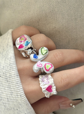 Y2K手工珐琅滴油多巴胺女孩蝴蝶爱心叠戴戒指 甜酷百搭开口指环戒