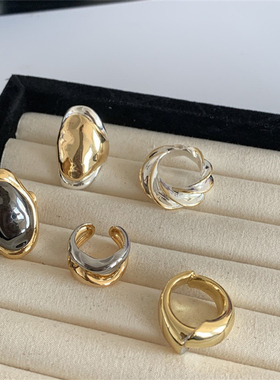 欧美跨境金色双拼色宽版椭圆形盔甲指环戒 ins质感夸张螺纹戒指女