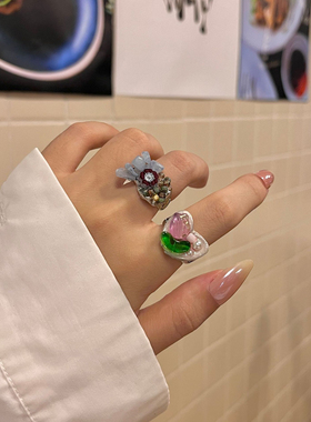 小香风手工天然石碧玺水石串珠戒指 ins高级感郁金香花朵叠戴指环