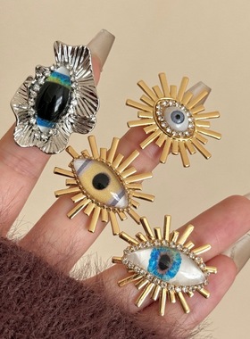 金属质感恶魔之眼手工镶钻叠戴指环戒 ins个性冷淡风太阳眼睛戒指