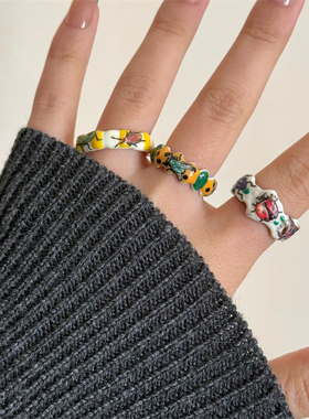 甜酷辣妹Y2K手工滴油珐琅彩色戒指 手绘动物开口金龟子时尚指环戒