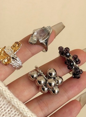 韩国小众设计铜质感葡萄串开口银色串珠戒指ins复古气质戒指女