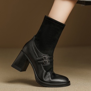 隐形内增高10CM头层牛皮秀气拼接高跟时装短靴子舒适秀气时尚瘦靴